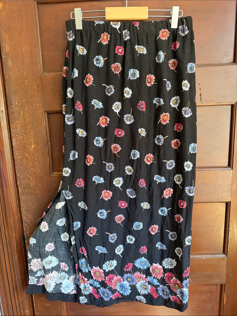 Black Floral Maxi Skirt with Pink and Blue Daisies
